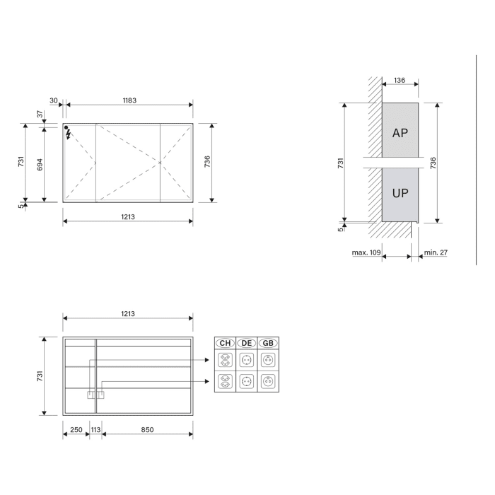 Schneider GLOW D2W Spiegelschrank GLO1 120/3/D2W 121,3 x 73,6 cm, 3-türig, CH