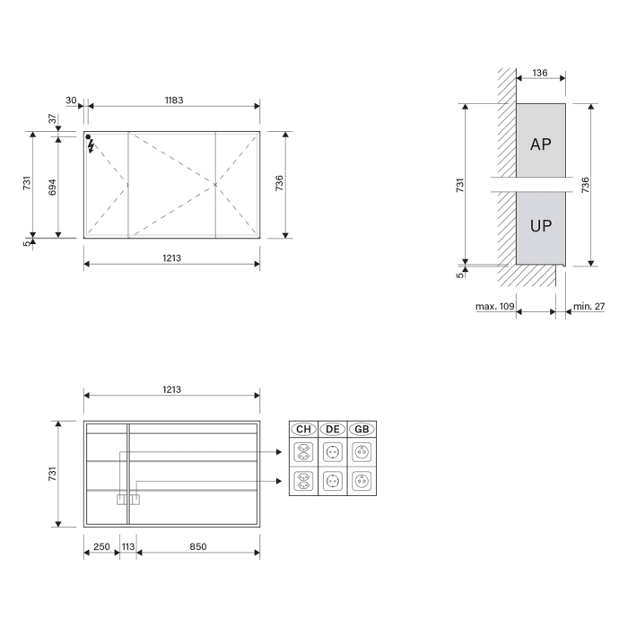 Schneider GLOW D2W Spiegelschrank GLO1 120/3/D2W 121,3 x 73,6 cm, 3-türig, DE