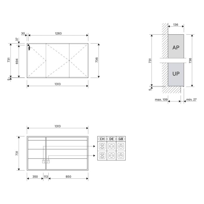 Schneider GLOW D2W Spiegelschrank GLO1 130/3/GT/D2W 131,3 x 73,6 cm, 3-türig, DE