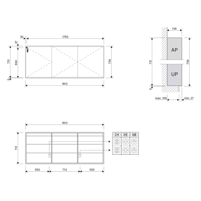 Schneider GLOW D2W Spiegelschrank GLO1 180/3/GT/D2W 181,3 x 73,6 cm, CH