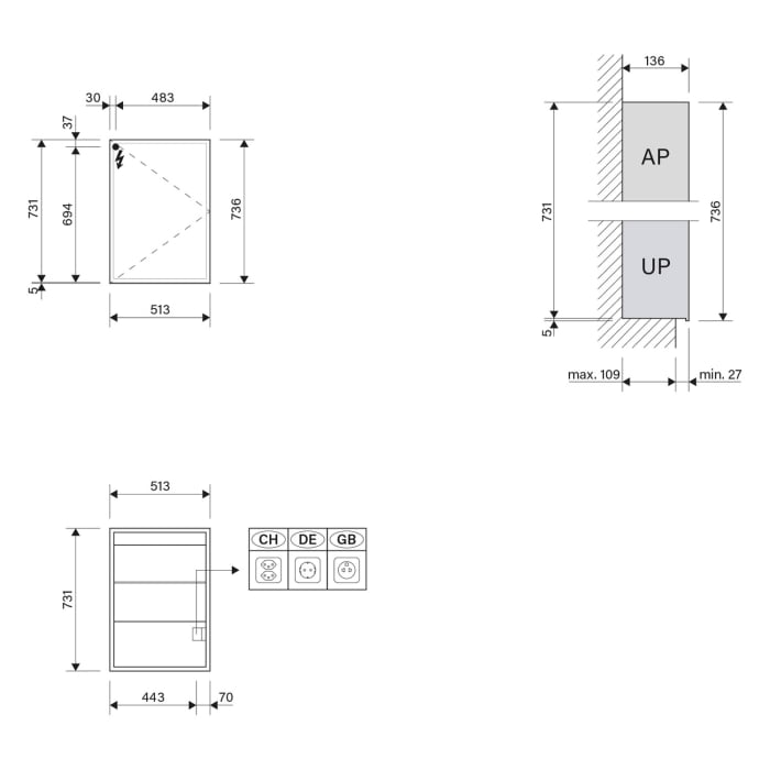 Schneider GLOW D2W Spiegelschrank GLO1 50/1/D2W/R 51,3 x 73,6 cm, Anschlag links, DE