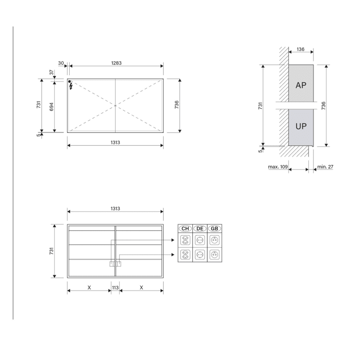 Schneider GLOW D2W Spiegelschrank GLO1 130/2/D2W 131,3 x 73,6 cm, 2-türig, CH