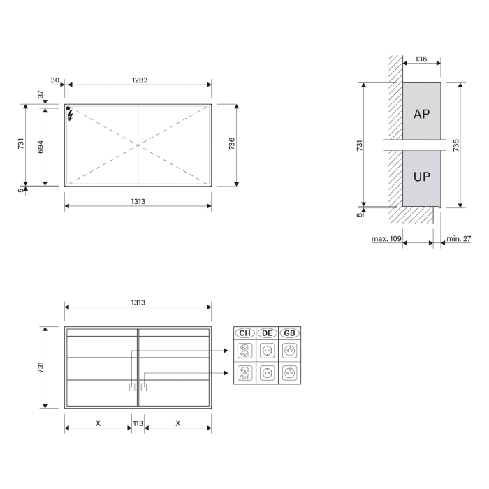 Schneider GLOW D2W Spiegelschrank GLO1 130/2/D2W 131,3 x 73,6 cm, 2-türig, DE