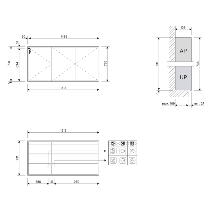 Schneider GLOW D2W Spiegelschrank GLO1 150/3/GT/D2W 151,3 x 73,6 cm, DE