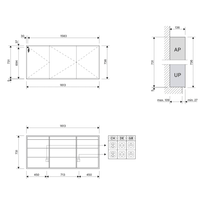 Schneider GLOW D2W Spiegelschrank GLO1 160/3/GT/D2W 161,3 x 73,6 cm, DE