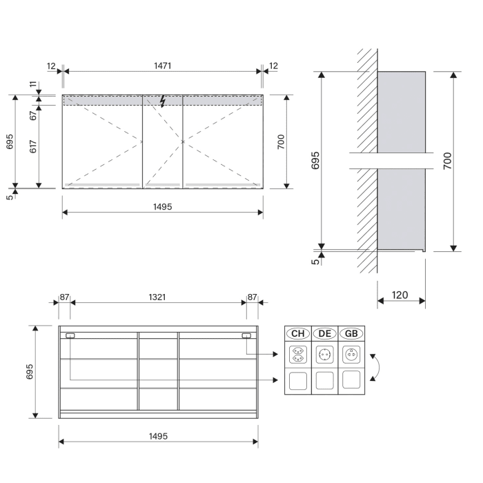 Schneider GRACE TW Spiegelschrank GRL 150/3/TW 149,5 x 70 cm, DE