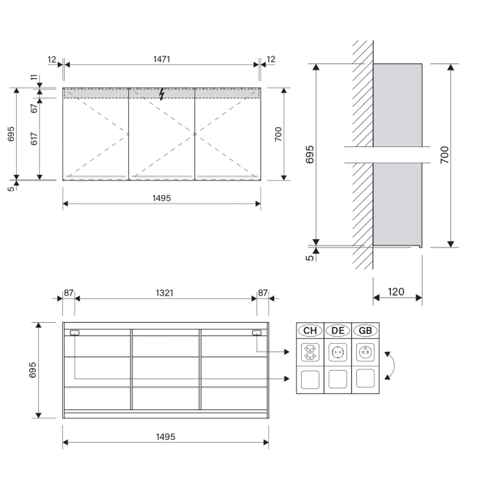 Schneider GRACE TW Spiegelschrank GRL 150/3/GT/TW 149,5 x 70 cm, DE