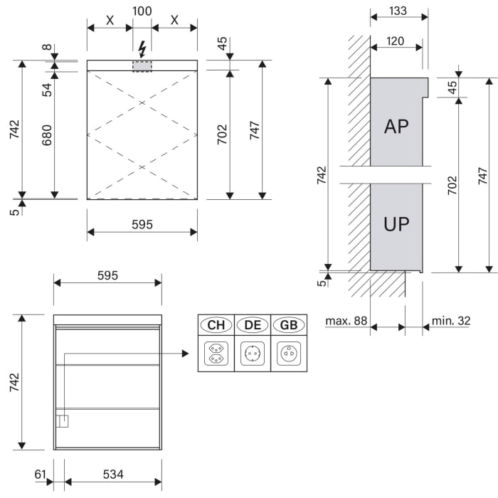 Schneider LOW plus LED Spiegelschrank LOP 60/1/LED/L 59,5 x 74,7 cm, 3000 K, Doppelsteckdose links, CH