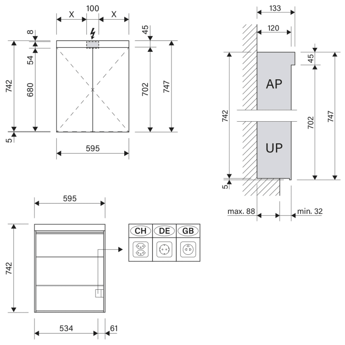Schneider LOW plus LED Spiegelschrank LOP 60/2/LED/R 59,5 x 74,7 cm, 3000 K, Steckdose rechts, DE