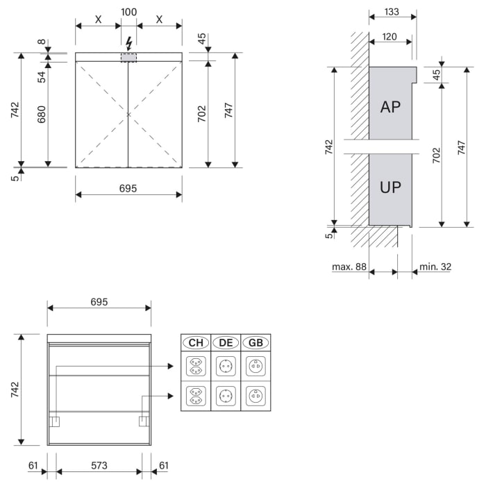 Schneider LOW plus LED Spiegelschrank LOP 70/2/LED 69,5 x 74,7 cm, 4000 K, Doppelsteckdose links und rechts, CH