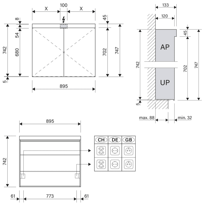 Schneider LOW plus LED Spiegelschrank LOP 90/2/LED 89,5 x 74,7 cm, 3000 K, Steckdose links und rechts, DE