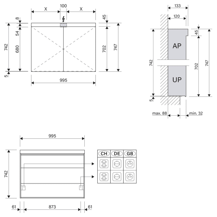 Schneider LOW plus LED Spiegelschrank LOP 100/2/LED 99,5 x 74,7 cm, 3000 K, Steckdose links und rechts, DE