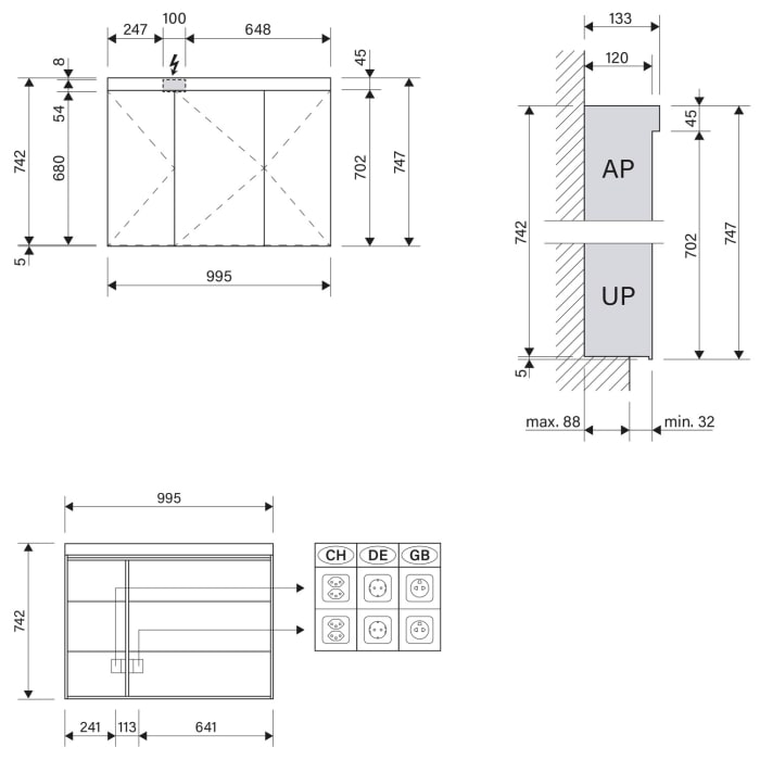 Schneider LOW plus LED Spiegelschrank LOP 100/3/LED 99,5 x 74,7 cm, 3000 K, 2 Doppelsteckdosen unten, CH