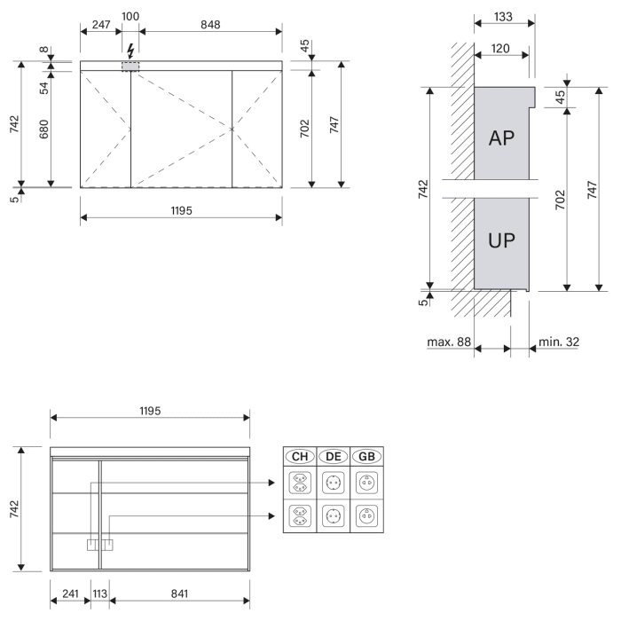 Schneider LOW plus LED Spiegelschrank LOP 120/3/LED 119,5 x 74,7 cm, 4000 K, 2 Steckdosen unten, DE