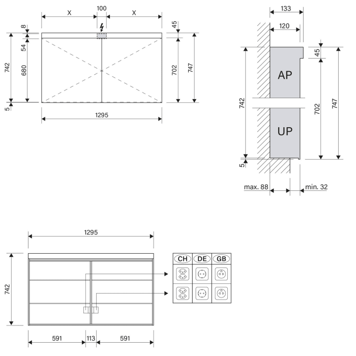 Schneider LOW plus LED Spiegelschrank LOP 130/2/LED 129,5 x 74,7 cm, 4000 K, Doppelsteckdose links und rechts, CH