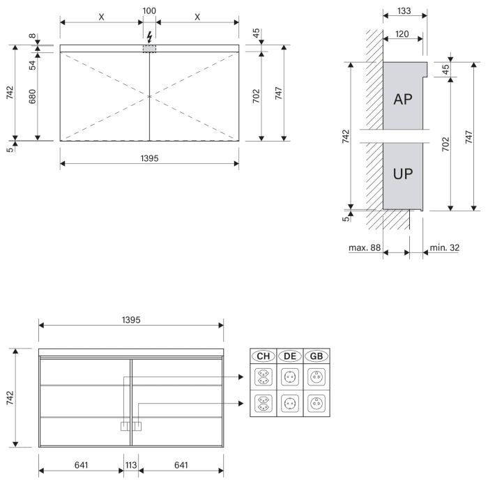 Schneider LOW plus LED Spiegelschrank LOP 140/2/LED 139,5 x 74,7 cm, 4000 K, 2 Doppelsteckdosen unten, CH