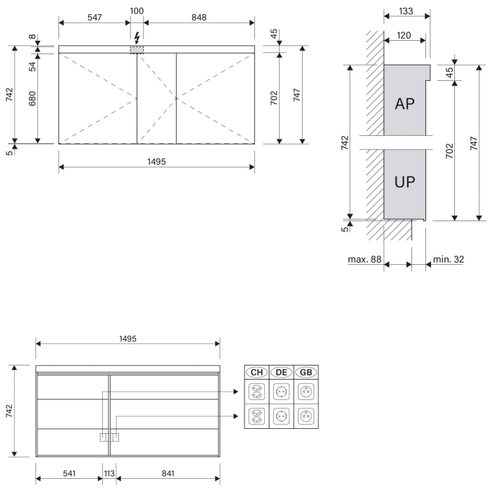 Schneider LOW plus LED Spiegelschrank LOP 150/3/LED 149,5 x 74,7 cm, 3000 K, 2 Doppelsteckdosen unten, CH