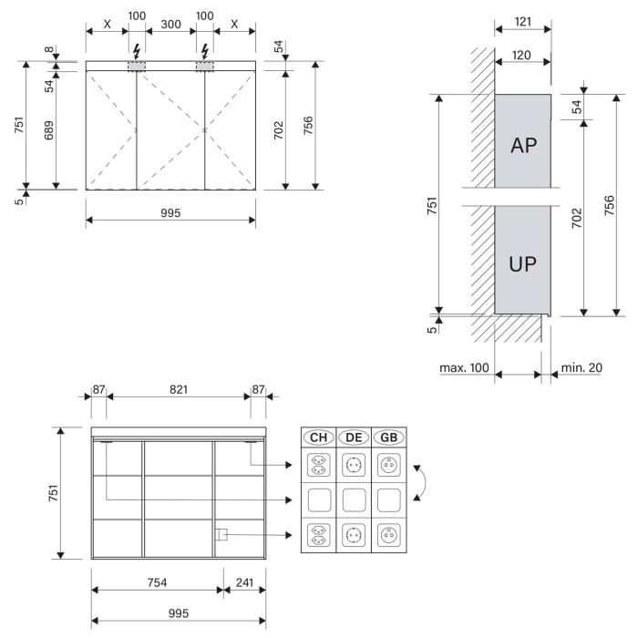 Schneider PATA LED Spiegelschrank PAT 100/3/LED 99,5 x 75,6 cm, 4000 K, DE