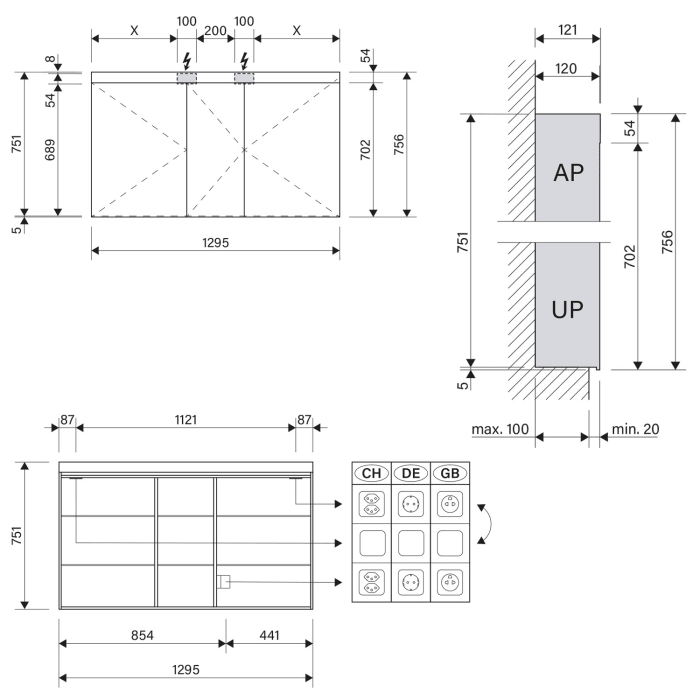 Schneider PATA LED Spiegelschrank PAT 130/3/LED 129,5 x 75,6 cm, 3000 K, CH