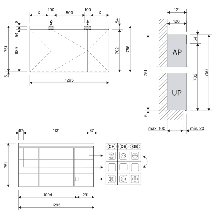 Schneider PATA LED Spiegelschrank PAT 130/3/GT/LED 129,5 x 75,6 cm, 4000 K, DE