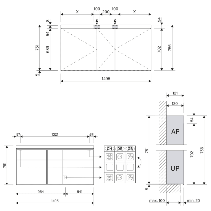 Schneider PATA LED Spiegelschrank PAT 150/3/LED 149,5 x 75,6 cm, 4000 K, DE