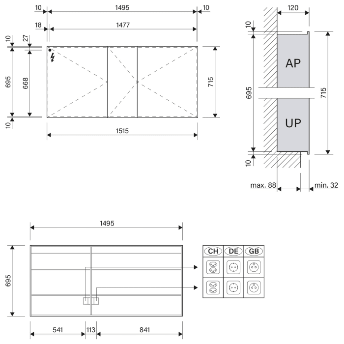 Schneider STYLE TW Spiegelschrank ALC2 150/3/TW 151,5 x 71,5 cm, CH