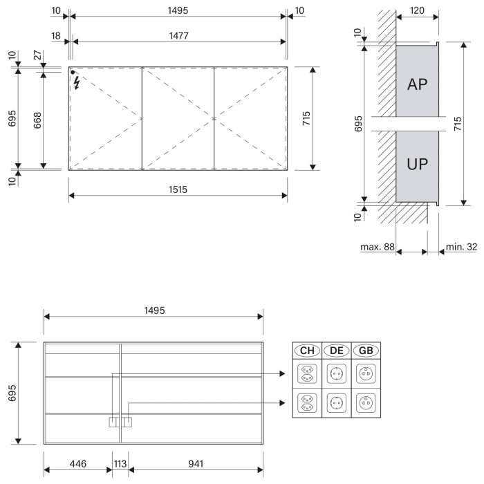 Schneider STYLE TW Spiegelschrank ALC2 150/3/GT/TW 151,5 x 71,5 cm, CH
