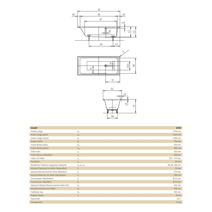 SCHÖNER WOHNEN-Kollektion SKAGEN Badewanne 170 x 75 cm