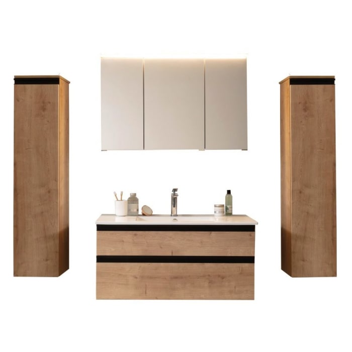 SCHÖNER WOHNEN-Kollektion Stockholm Badmöbelset aus Keramikwaschtisch mit Unterschrank, Spiegelschrank und 2 Mittelschränken