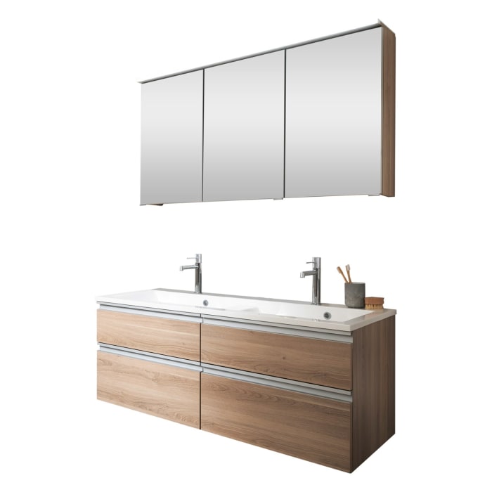 SCHÖNER WOHNEN-Kollektion Stockholm Badmöbelset aus Mineralguss-Doppelwaschtisch mit Unterschrank und Spiegelschrank