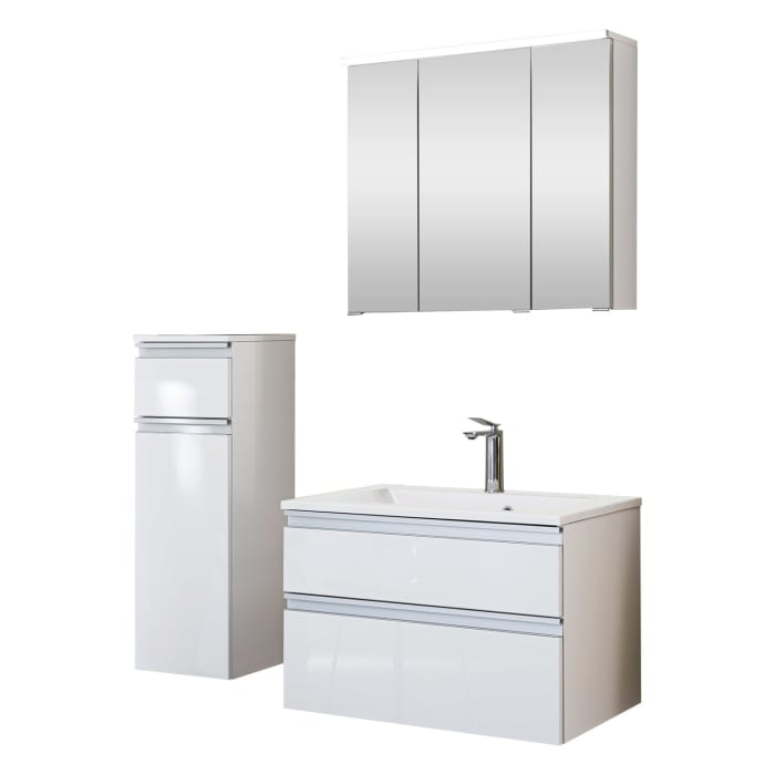 SCHÖNER WOHNEN-Kollektion Stockholm Badmöbelset aus Mineralgusswaschtisch mit Unterschrank, Spiegelschrank und Highboard