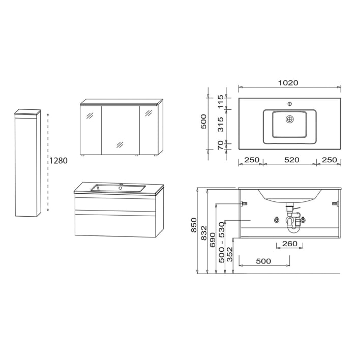 SCHÖNER WOHNEN-Kollektion Stockholm Badmöbelset aus Keramikwaschtisch mit Unterschrank, Spiegelschrank und Mittelschrank mit Anschlag links