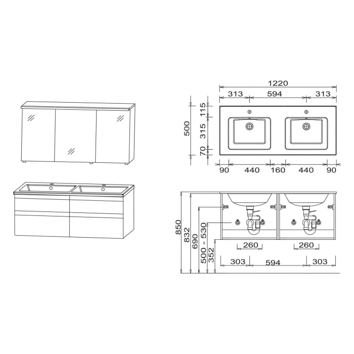 SCHÖNER WOHNEN-Kollektion Stockholm Badmöbelset aus Mineralguss-Doppelwaschtisch mit Unterschrank und Spiegelschrank