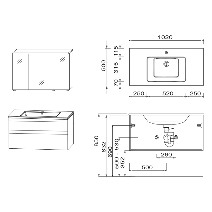 SCHÖNER WOHNEN-Kollektion Stockholm Badmöbelset aus Keramikwaschtisch mit Unterschrank und Spiegelschrank, Griff 352