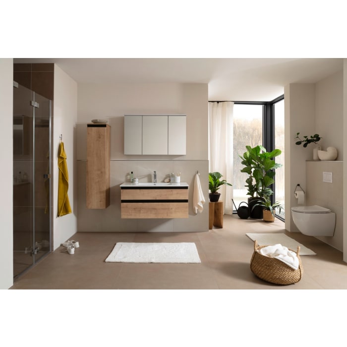 SCHÖNER WOHNEN-Kollektion Stockholm Badmöbelset aus Keramikwaschtisch mit Unterschrank, Spiegelschrank und Mittelschrank mit Anschlag links