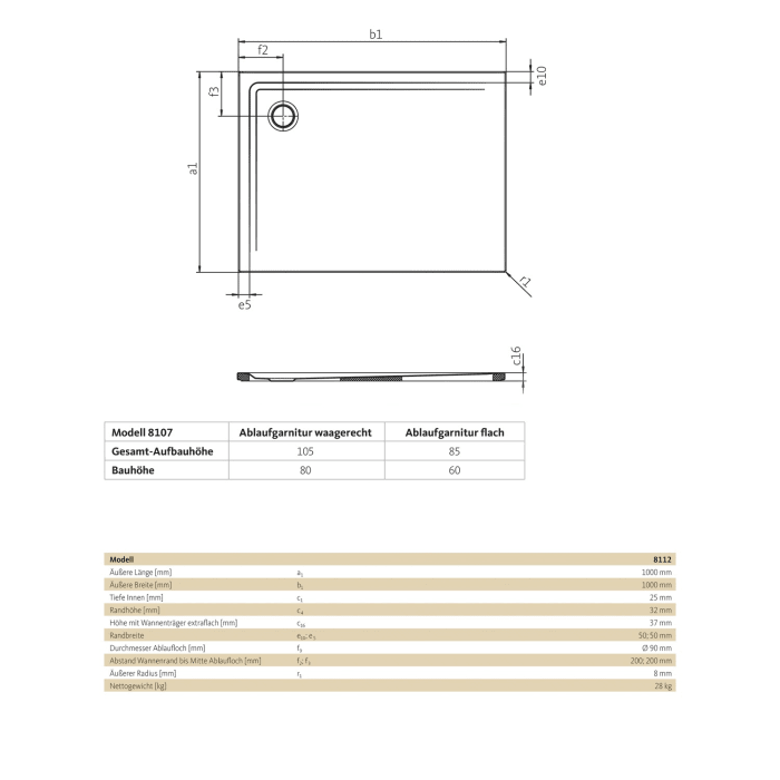 SCHÖNER WOHNEN-Kollektion SKAGEN Duschwanne 100 x 100 cm