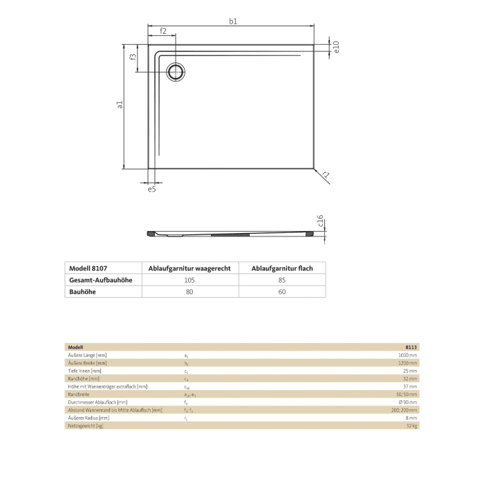 SCHÖNER WOHNEN-Kollektion SKAGEN Duschwanne 100 x 120 cm