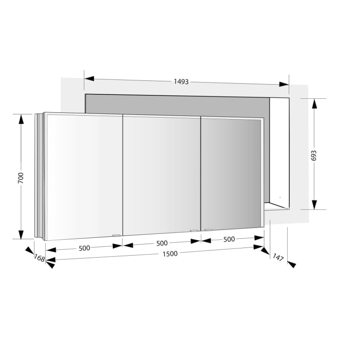 Sprinz Pure-Line Spiegelschrank Einbau mit 3 Türen 150 cm