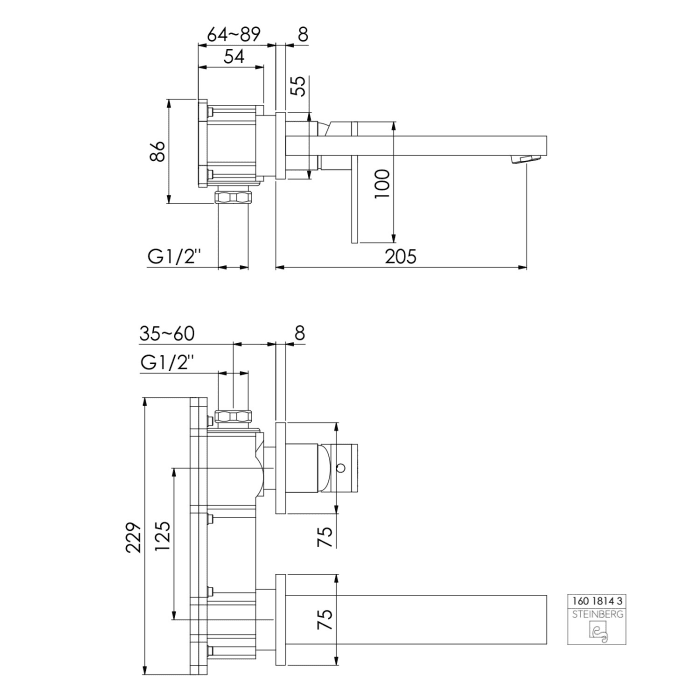 Steinberg Serie 160 Wand-Waschtisch Einhebelmischer Ausladung 20 cm