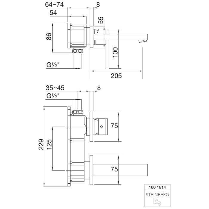 Steinberg Serie 160 Wand-Waschtisch Einhebelmischer Ausladung 20 cm