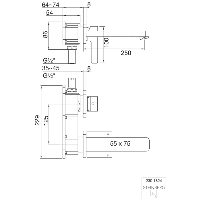Steinberg Serie 230 Wand-Waschtisch Einhebelmischer Ausladung 25 cm