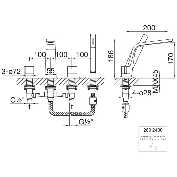 Steinberg Serie 260 4-Loch Wanne/Brause-Standarmatur mit Auslauf