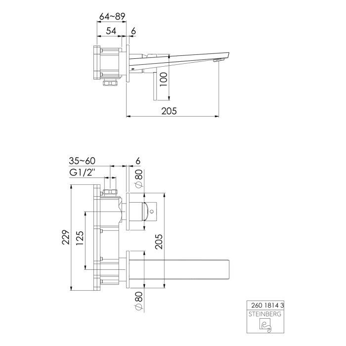 Steinberg Serie 260 Waschtisch-Einhebelmischbatterie Fertigmontageset, Wandmontage