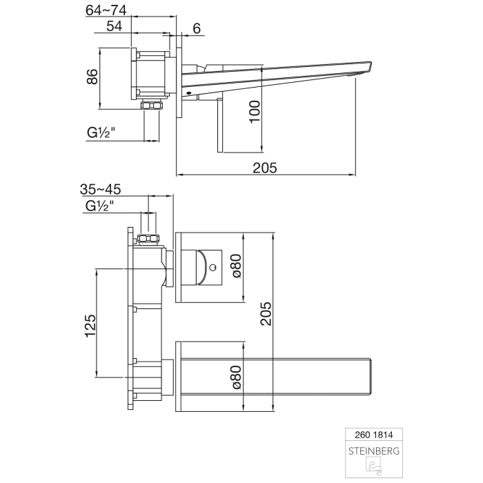 Steinberg Serie 260 Waschtisch-Einhebelmischbatterie Fertigmontageset, Wandmontage