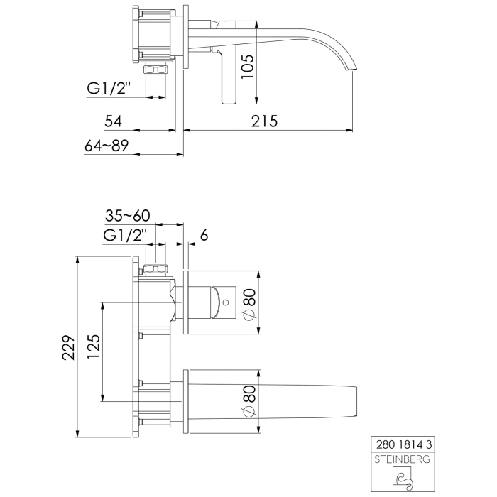Steinberg Serie 280 Wand-Waschtisch Einhebelmischer, Ausladung 21,5 cm
