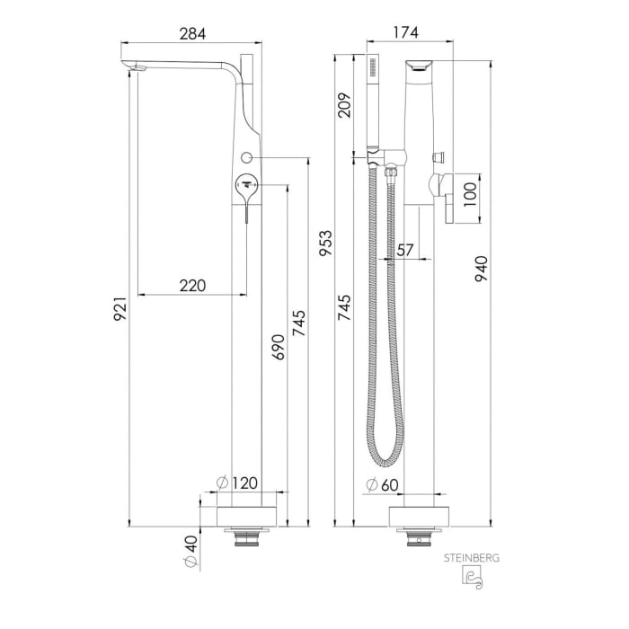 Steinberg Serie 290 Freistehende Wannenarmatur mit Handbrause
