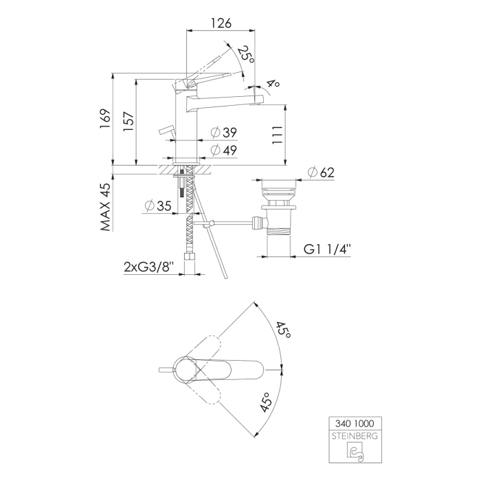Steinberg Serie 340 Waschtisch-Einhebelmischer mit Ablaufgarnitur