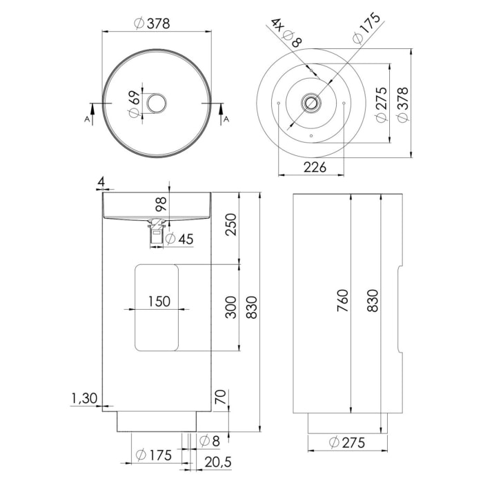Steinberg Serie 442 Standwaschtisch aus Edelstahl Ø 38,2 cm