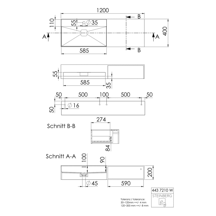 Steinberg Serie 443 Wandwaschtisch mit 1 Auszug rechts und Handtuchhalter aus Mineo Stone 120 x 40 cm