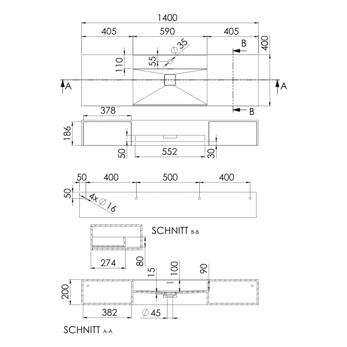 Steinberg Serie 443 Wandwaschtisch mit 2 Auszügen und Handtuchhalter aus Mineo Stone 140 x 40 cm